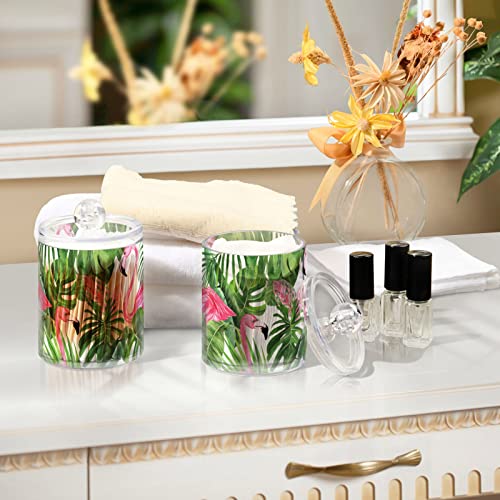 2 Pack Qtip Holder Dispenser for Cotton Ball Tropical Leaves Flamingo on White Cotton Swab Cotton Round Pads Clear Plastic Acrylic Jar Set Bathroom Canister