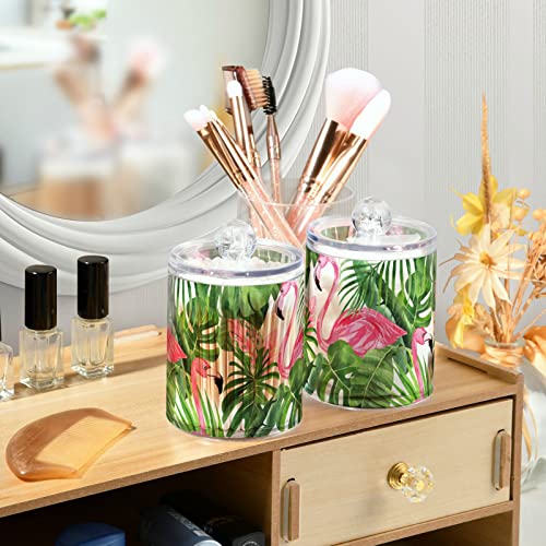 2 Pack Qtip Holder Dispenser for Cotton Ball Tropical Leaves Flamingo on White Cotton Swab Cotton Round Pads Clear Plastic Acrylic Jar Set Bathroom Canister