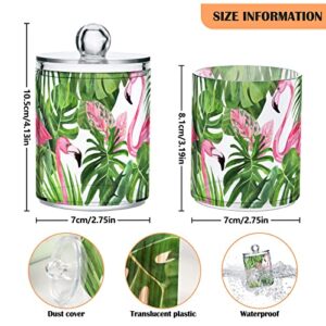 2 Pack Qtip Holder Dispenser for Cotton Ball Tropical Leaves Flamingo on White Cotton Swab Cotton Round Pads Clear Plastic Acrylic Jar Set Bathroom Canister