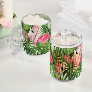 2 Pack Qtip Holder Dispenser for Cotton Ball Tropical Leaves Flamingo on White Cotton Swab Cotton Round Pads Clear Plastic Acrylic Jar Set Bathroom Canister