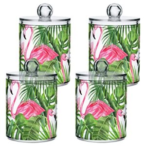 2 Pack Qtip Holder Dispenser for Cotton Ball Tropical Leaves Flamingo on White Cotton Swab Cotton Round Pads Clear Plastic Acrylic Jar Set Bathroom Canister