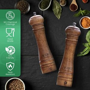 Wooden Salt and Pepper Grinder Set - Adjustable Ceramic Rotor - Refillable Salt and Pepper Mill Set - Pack of 2 – 8 inch - Heat Resistant- Food grade- Eco-friendly, Brown