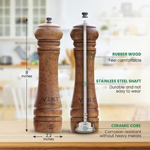 Wooden Salt and Pepper Grinder Set - Adjustable Ceramic Rotor - Refillable Salt and Pepper Mill Set - Pack of 2 – 8 inch - Heat Resistant- Food grade- Eco-friendly, Brown