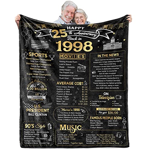 aisdfhsa 25th Anniversary Blanket Gifts Gift for 25th Silver Wedding Anniversary 25 Years of Marriage Gifts for Couple Wife Husband Dad Mom Parents Back in 1998 Throw Blanket 60Lx50W Inch