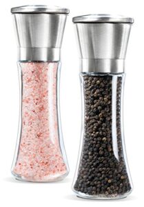 levav premium salt and pepper grinder set of 2 - brushed stainless steel pepper mill and salt mill, glass body, size grade adjustable ceramic rotor-salt and pepper shakers (tall)