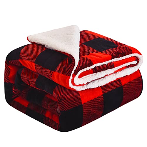 NEWCOSPLAY Sherpa Fleece Throw Blanket Super Soft Plush Warm Reversible Flannel Blanket for Couch Bed (Thick-Black/Red, Throw(50"x60"))