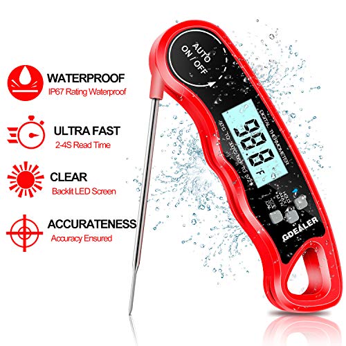 GDEALER Meat Thermometer Digital Instant Read Thermometer Ultra-Fast Cooking Food Thermometer with 4.6” Folding Probe Calibration Function for Kitchen Milk Candy, BBQ Grill, Smokers (A-Red)