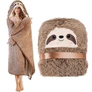 sloth wearable hooded blanket for adults - fluffy super soft shaggy faux fur, fuzzy warm cozy plush furry fleece & sherpa hoodie throw cloak wrap - sloth gifts for women adults and kids