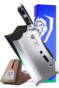 dalstrong obliterator meat cleaver - 9 inch - gladiator series r - wood stand and sheath - razor sharp massive heavy duty - 3lbs 6mm thickness - 7cr17mov steel kitchen - g10 handle - nsf certified
