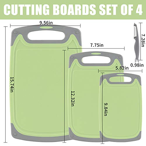 Cutting Boards for Kitchen, Plastic Chopping Board Set of 4 with Non-Slip Feet and Deep Drip Juice Groove, Easy Grip Handle, Dishwasher Safe, BPA Free, Non-porous(Green/Gray)
