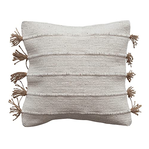 Creative Co-Op Boho Woven Jute and Cotton Throw Embroidery and Tassels, Natural Pillow, Ivory