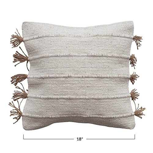 Creative Co-Op Boho Woven Jute and Cotton Throw Embroidery and Tassels, Natural Pillow, Ivory