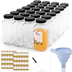 miukaa 30-pack 8 oz clear glass bottles with airtight caps, reusable 8 oz juicing bottles with black lids, drink water container jars, dishwash safe