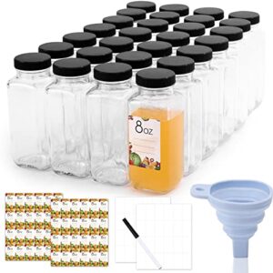 MIUKAA 30-Pack 8 oz Clear Glass Bottles with Airtight Caps, Reusable 8 oz Juicing Bottles with Black Lids, Drink Water Container Jars, Dishwash Safe