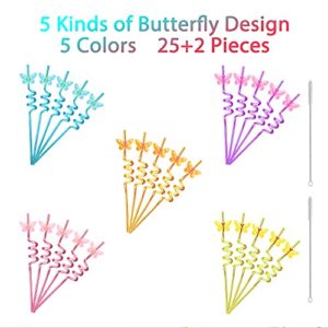 25 Reusable Butterfly Straws for Butterfly Birthday Party Supplies Favors with 2 Cleaning Brushes