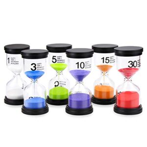 sand timers, mosskic hourglass timer 1/3/5/10/15/30 minutes sandglass timer for kids games classroom kitchen home office decoration(pack of 6) (multicolor)