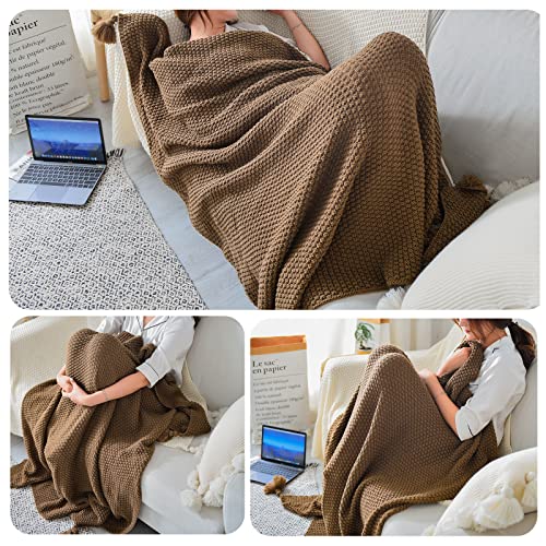 Throw Blanket for Couch, Knit Throw Blanket with Tassels, Skin Friendly, Ventilated and Breathable, Super Soft Warm Decorative Blanket for Bed, Sofa and Living Room