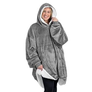 bare home sherpa fleece wearable blanket - oversized wearable blanket hoodie - adult size - warm & cozy - soft plush blanket - comfortable blanket sweatshirt with dual-sided pocket (adult, grey)
