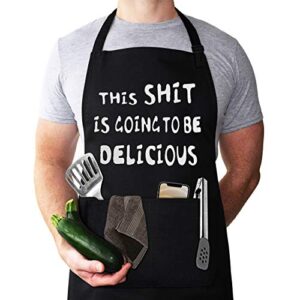 lylpyhdp funny apron for men, chef bib apron with 2 pockets, adjustable neck strap and 40" long ties – perfect for kitchen cooking, bbq, baking, gifts for husband, dad, wife, mom,