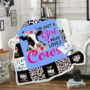cow print blanket i'm just a girl who loves cows blue cute cows throw blankets cartoons super soft sherpa blanket for women summer fleece fuzzy blanket splicing cotton home bedding (blue，(59 x 79 in))