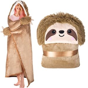 sloth wearable hooded blanket for adults - super soft warm cozy plush flannel fleece & sherpa hoodie throw cloak wrap - sloth gifts for women adults and kids (brown)