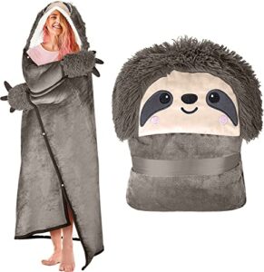 sloth wearable hooded blanket for adults - super soft warm cozy plush flannel fleece & sherpa hoodie throw cloak wrap - sloth gifts for women adults and kids