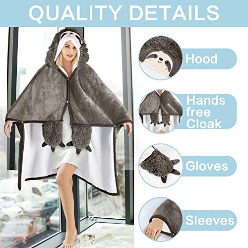 Sloth Wearable Hooded Blanket for Adults - Super Soft Warm Cozy Plush Flannel Fleece & Sherpa Hoodie Throw Cloak Wrap - Sloth Gifts for Women Adults and Kids