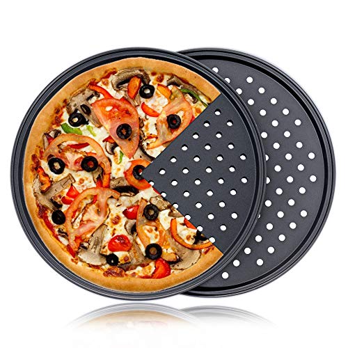 Pizza Pan With Holes, 2 Pack Carbon Steel Perforated Non-Stick Tray Tool Crispy 12inch Round for Home Kitchen