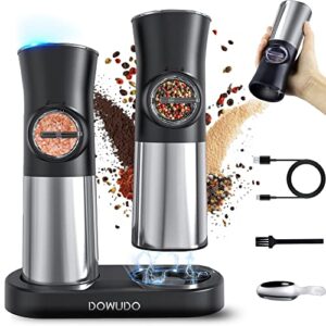 dowudo gravity electric salt and pepper grinder set, automatic pepper mill, usb rechargeable base, adjustable coarseness, refillable, one-handed operation,stainless steel,led light
