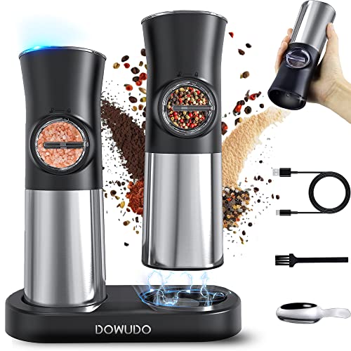 DOWUDO Gravity Electric Salt and Pepper Grinder Set, Automatic Pepper Mill, USB Rechargeable Base, Adjustable Coarseness, Refillable, One-handed Operation,Stainless Steel,LED Light