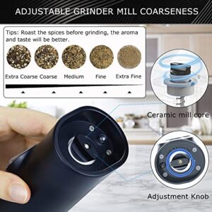 DOWUDO Gravity Electric Salt and Pepper Grinder Set, Automatic Pepper Mill, USB Rechargeable Base, Adjustable Coarseness, Refillable, One-handed Operation,Stainless Steel,LED Light