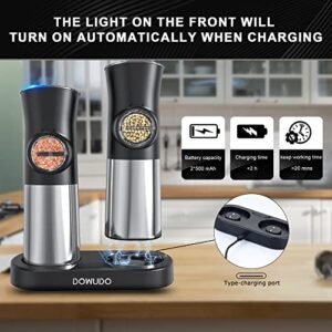 DOWUDO Gravity Electric Salt and Pepper Grinder Set, Automatic Pepper Mill, USB Rechargeable Base, Adjustable Coarseness, Refillable, One-handed Operation,Stainless Steel,LED Light