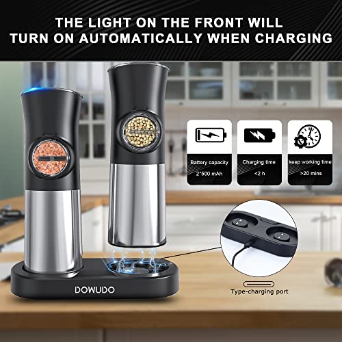 DOWUDO Gravity Electric Salt and Pepper Grinder Set, Automatic Pepper Mill, USB Rechargeable Base, Adjustable Coarseness, Refillable, One-handed Operation,Stainless Steel,LED Light