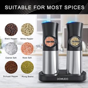 DOWUDO Gravity Electric Salt and Pepper Grinder Set, Automatic Pepper Mill, USB Rechargeable Base, Adjustable Coarseness, Refillable, One-handed Operation,Stainless Steel,LED Light