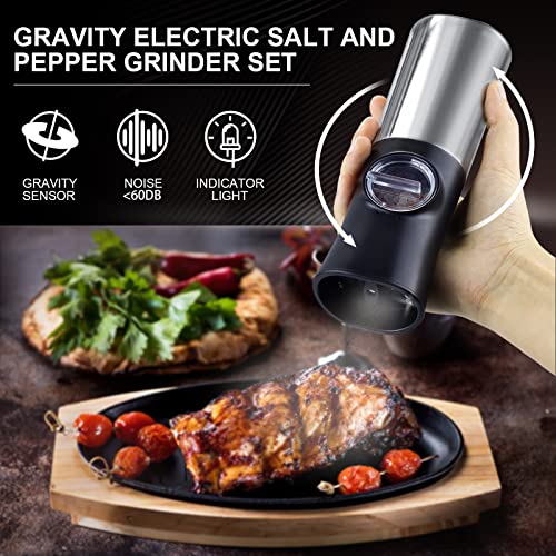 DOWUDO Gravity Electric Salt and Pepper Grinder Set, Automatic Pepper Mill, USB Rechargeable Base, Adjustable Coarseness, Refillable, One-handed Operation,Stainless Steel,LED Light