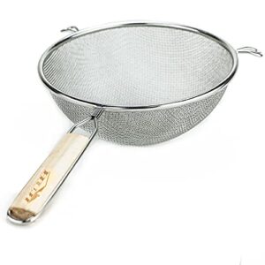 huji stainless steel fine 8" double mesh food strainer colander sieve sifter with wooden handle for kitchen rice pasta noodles (1 pack, 8")
