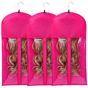 wig bags storage with hanger - 3 packs wig storage for multiple wigs hair extension storage bag hairpieces storage holder (rose)