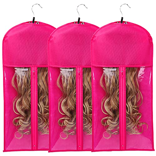 Wig Bags Storage with Hanger - 3 Packs Wig Storage for Multiple Wigs Hair Extension Storage Bag Hairpieces Storage Holder (Rose)