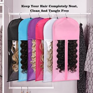 Wig Bags Storage with Hanger - 3 Packs Wig Storage for Multiple Wigs Hair Extension Storage Bag Hairpieces Storage Holder (Rose)