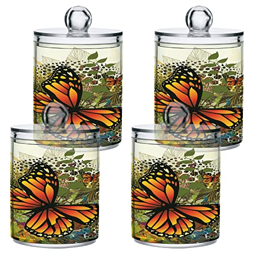 KEEPREAL Butterfly Flower Qtip Holder Dispenser with Lids, 4PCS Plastic Food Storage Canisters, Apothecary Jar Containers for Vanity Organizer Storage