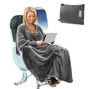 tirrinia travel blanket airplane office poncho 4 in 1 premium cozy fleece portable poncho blankets with built-in bag, pocket