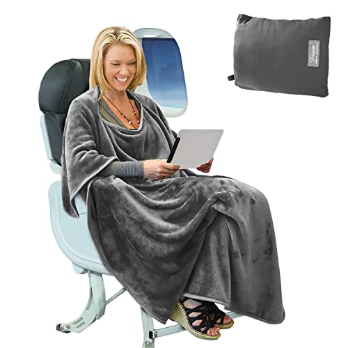 Tirrinia Travel Blanket Airplane Office Poncho 4 in 1 Premium Cozy Fleece Portable Poncho Blankets with Built-in Bag, Pocket