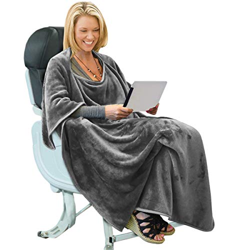 Tirrinia Travel Blanket Airplane Office Poncho 4 in 1 Premium Cozy Fleece Portable Poncho Blankets with Built-in Bag, Pocket