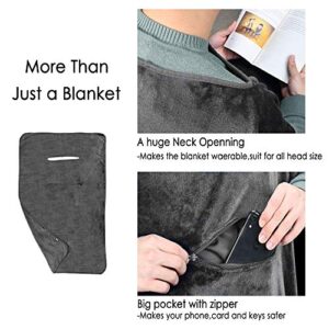 Tirrinia Travel Blanket Airplane Office Poncho 4 in 1 Premium Cozy Fleece Portable Poncho Blankets with Built-in Bag, Pocket