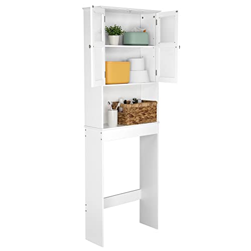 Karl home Over The Toilet Storage Cabinet Bathroom Organizer Over Toilet Free Standing Above Toilet Rack with Adjustable Shelf, Open Shelf, Acrylic Glass Doors, White
