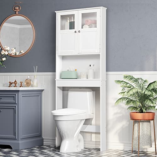 Karl home Over The Toilet Storage Cabinet Bathroom Organizer Over Toilet Free Standing Above Toilet Rack with Adjustable Shelf, Open Shelf, Acrylic Glass Doors, White
