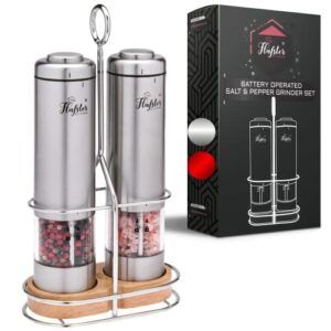 electric salt and pepper grinder set - automatic salt pepper mills with light - battery operated salt and pepper shakers with stand - refillable pepper grinders with adjustable coarseness