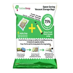 Jumbo Space Saver Vacuum Storage bags - [BONUS] Free travel Vaccum hand pump. - Jumbo Size Vacuum Sealer Bags for Clothes - Excellent for long term storage or saving extra space while traveling or moving. (6 bags)