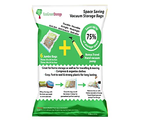 Jumbo Space Saver Vacuum Storage bags - [BONUS] Free travel Vaccum hand pump. - Jumbo Size Vacuum Sealer Bags for Clothes - Excellent for long term storage or saving extra space while traveling or moving. (6 bags)