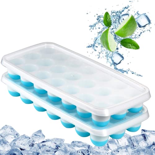 Ice Cube Trays Easy Release-Odor free,Spill Resistant Lid Included,2 Pack, Small Size, Stackable 42 Cubes,Silicone(Blue)